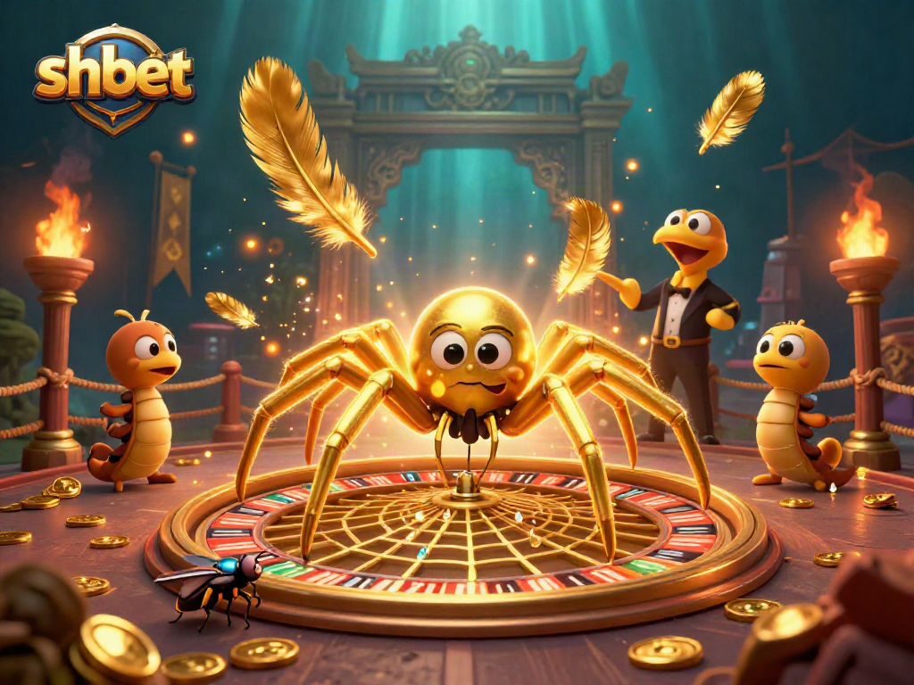 shbet showcases a vibrant 3D scene with a spider and croupier, spinning roulette web.