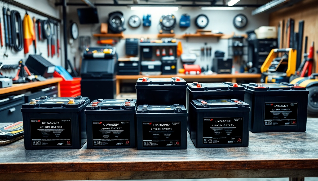 Displaying lithium RV batteries prominently in a workshop, emphasizing durability and technology.