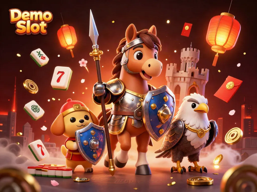 Spin the reels on Demo Slot with a knight and squire enjoying a dynamic casino adventure surrounded by vibrant game elements.