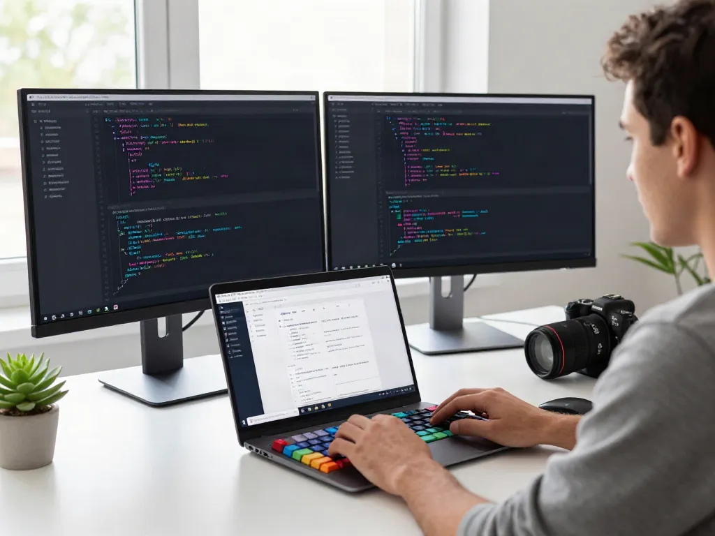 Developer coding with v2rayN in a modern workspace with dual monitors and natural light.