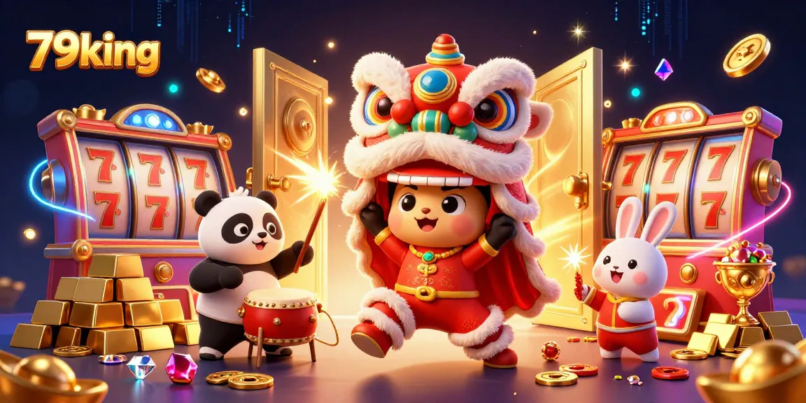 Experience the excitement of 79king with vibrant characters performing a lion dance amidst dazzling casino elements.