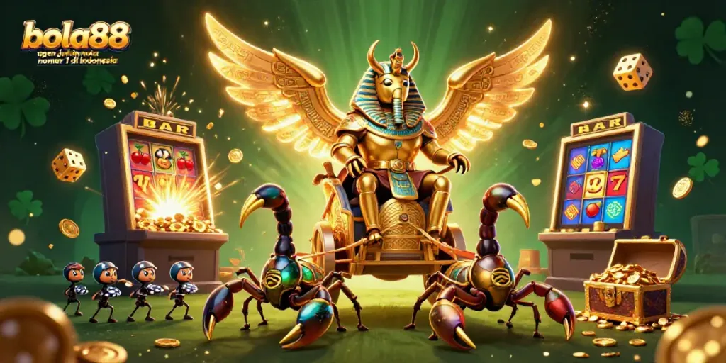 Bola88 agen judi bola nomor 1 di indonesia showcases a vibrant casino scene with a golden scarab and thrilling game elements.