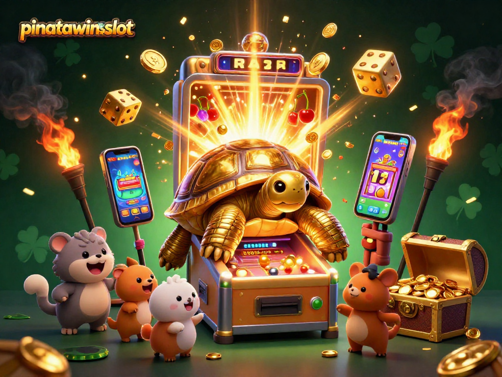 Experience vibrant pinatawinsslot action with a golden tortoise pinball machine amidst a festive casino scene.