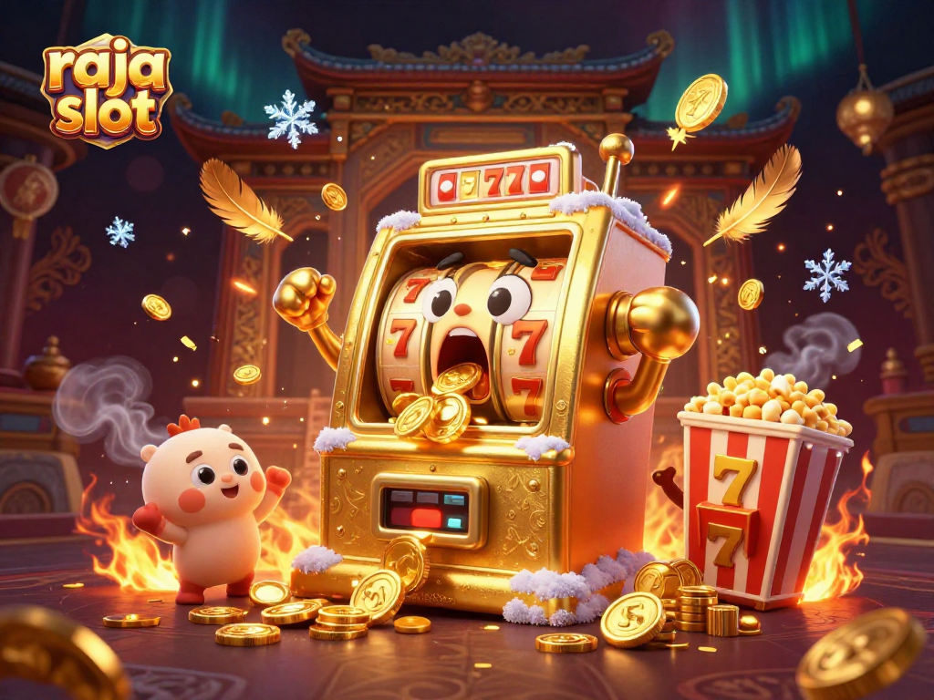 Experience the excitement of raja slot with a joyful golden slot machine celebrating its jackpot amidst festive casino elements.