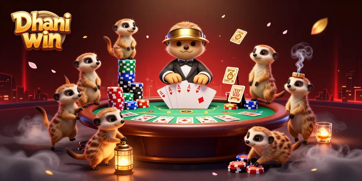 Dhani win casino illustration with meerkats running games and vibrant poker elements, showcasing dynamic action.