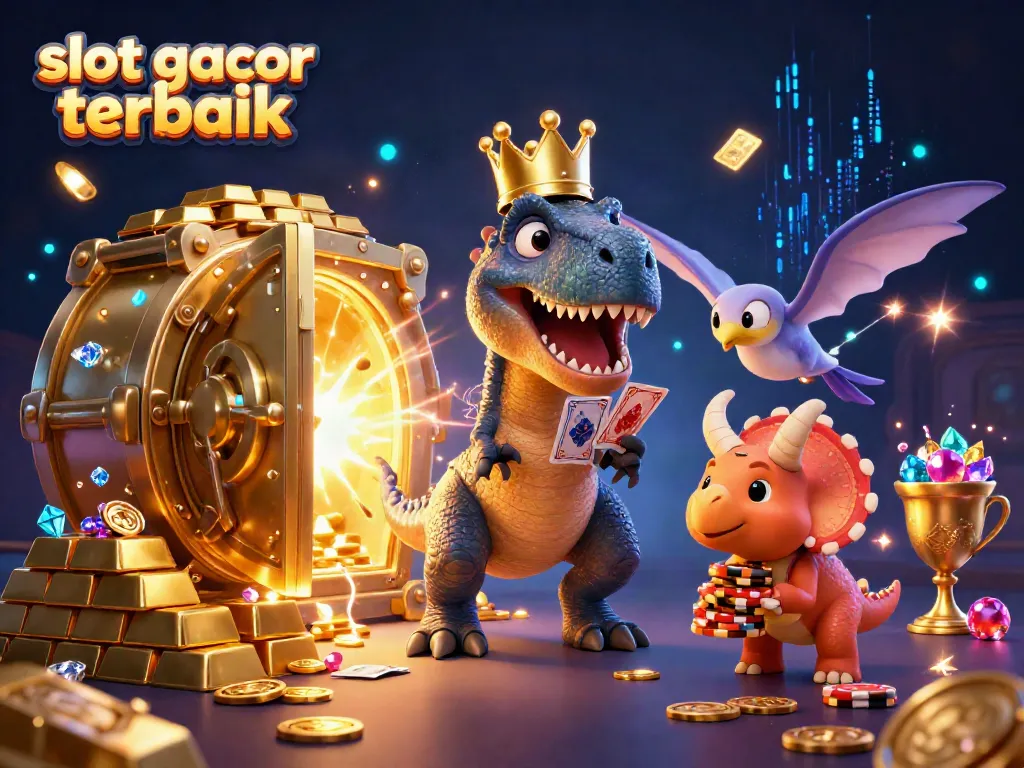 Ilustrasi karakter slot gacor terbaik dengan tema dinosaurus, menumpuk chip emas dan kartu