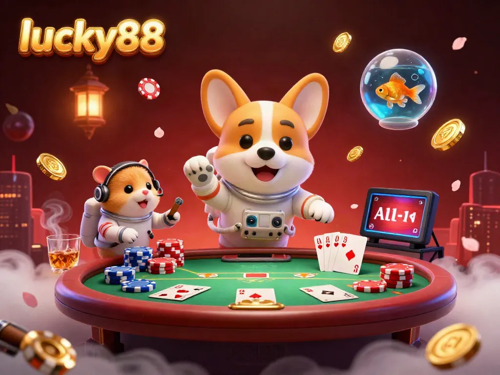 Experience the thrilling atmosphere of lucky88 with a floating astronaut corgi and casino excitement.