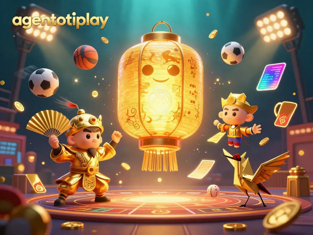 Win at agentotoplay with a vibrant 3D casino scene showcasing lucky symbols and dynamic sports elements.