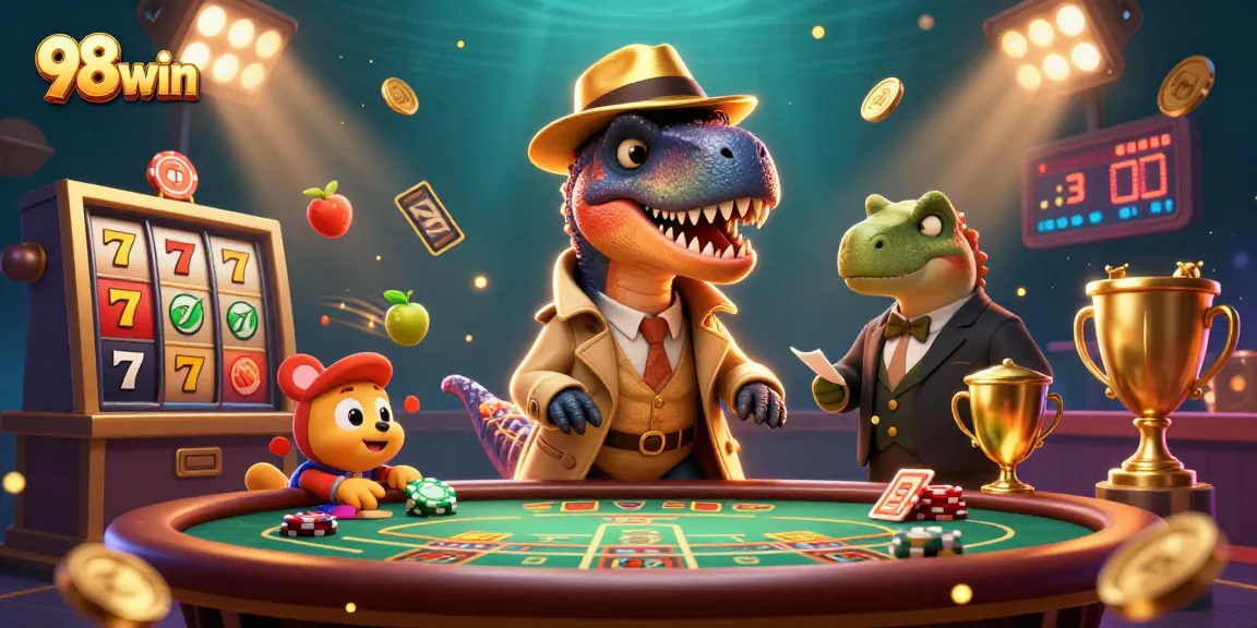 Experience the thrill of 98win gaming as a velociraptor card counter mixes in at a blackjack table, illustrated in a vibrant casino scene.