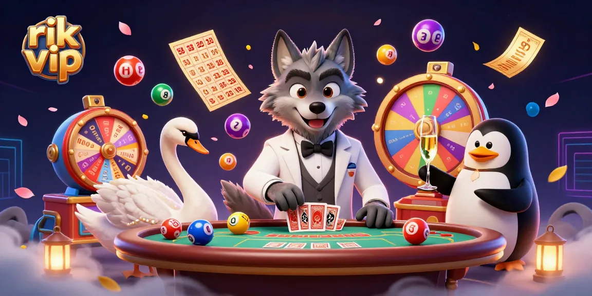 Experience the thrill of winning at rik vip with our vibrant casino scene featuring a wolf, swan, and penguin.