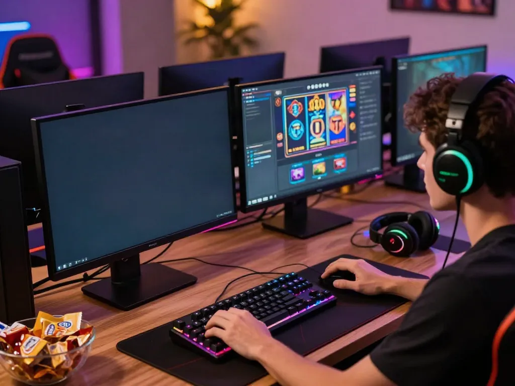 Permainan slot777 online yang menarik dengan pemain fokus dalam suasana gaming yang nyaman.