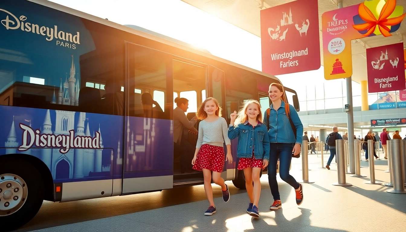 Parents and kids enjoying transfers from paris airport to disneyland while boarding a shuttle bus.