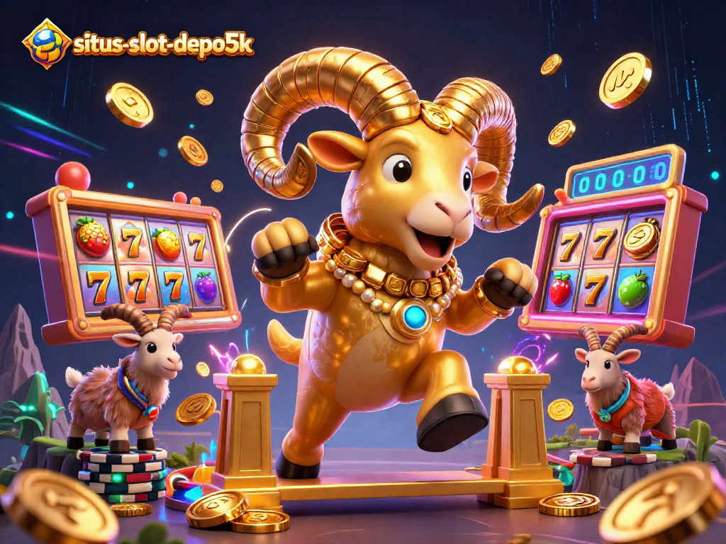 Experience the thrill of gameplay at situs-slot-depo5k with vibrant golden ram and slot reels surrounded by dynamic casino elements.