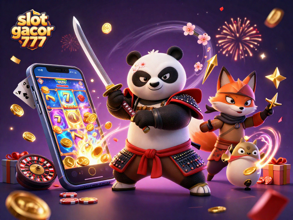 Experience slot gacor 777 with a vibrant 3D illustration of samurai panda and dynamic game elements.