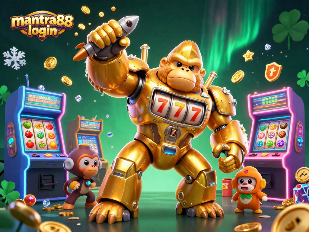Join the excitement with mantra88 login, featuring a golden gorilla mech amidst slot machines in a vibrant casino scene.