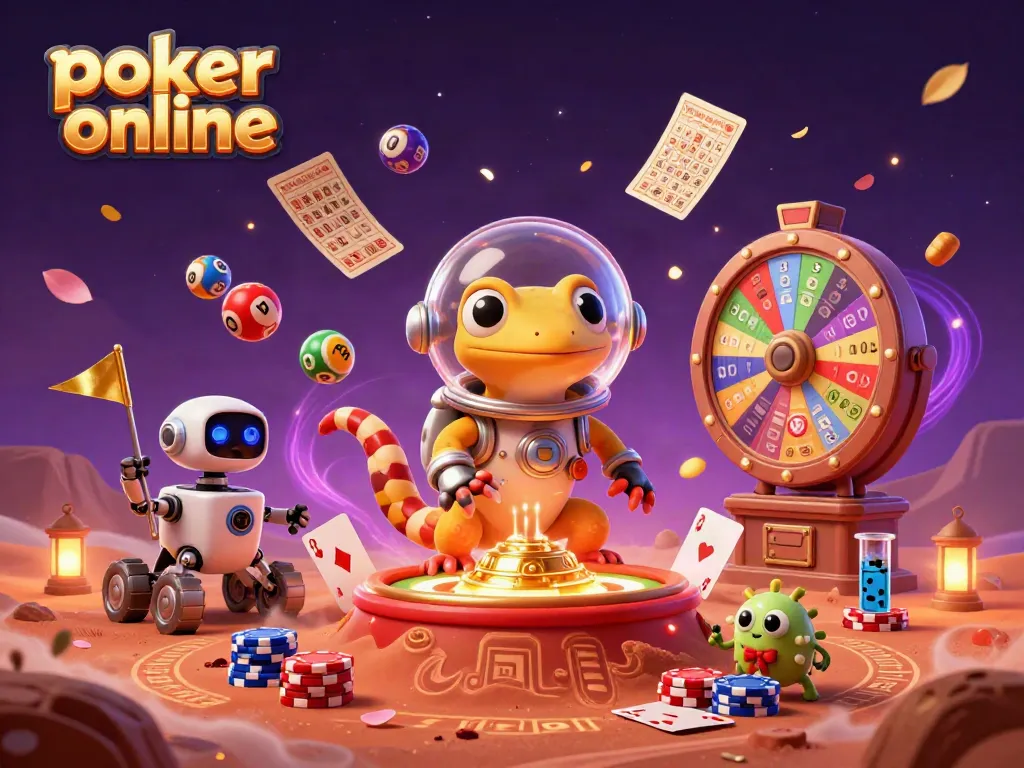 Play poker online with a Martian gecko discovering a hidden casino in vibrant colors and dynamic elements.