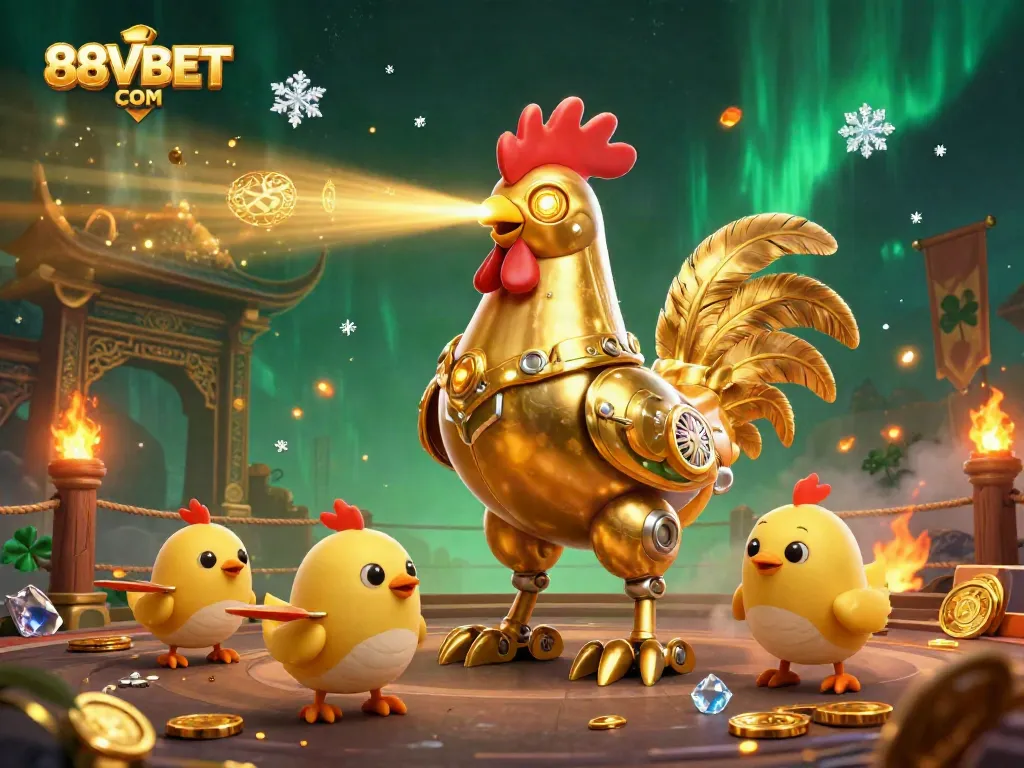 Engage with vibrant gameplay at 88VBET COM featuring exciting golden rooster robot and chick drones in a dynamic casino scene.
