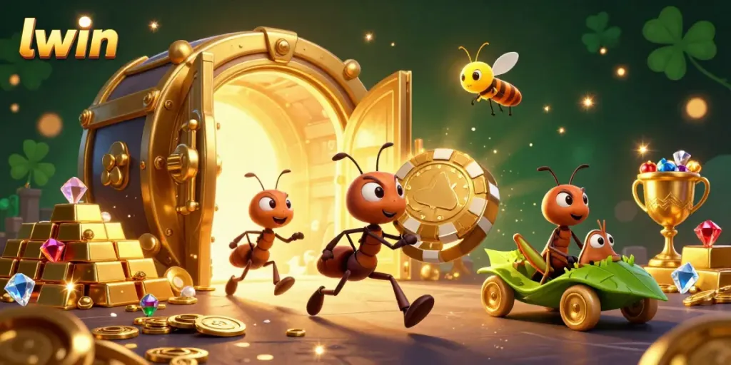 llwin attracts players with a dynamic 3D illustration of ants carrying a giant poker chip amidst golden treasures.