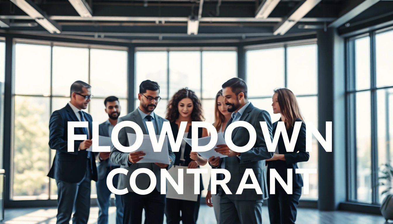 Flowdown concept illustrated with professionals collaborating in a corporate office setting.