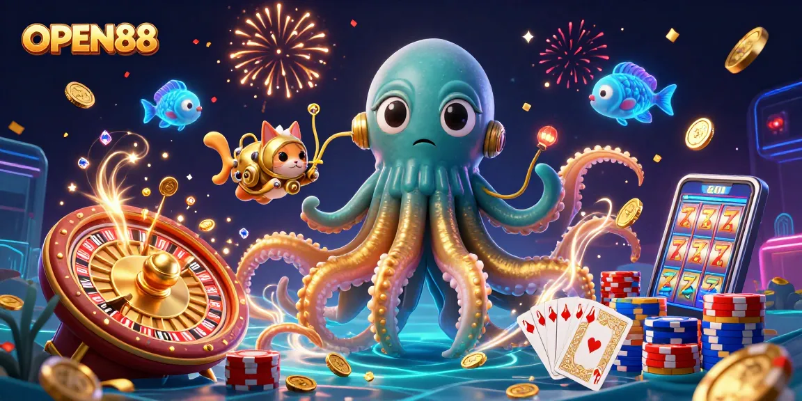 Experience the excitement of OPEN88 with a lively 3D illustration showing casino treasures and adventure.