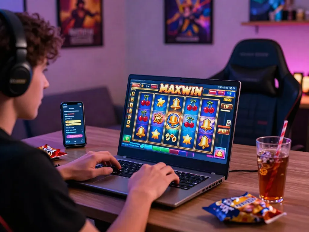 Excited player enjoying a slot maxwin game on a sleek laptop in a lively gaming room.