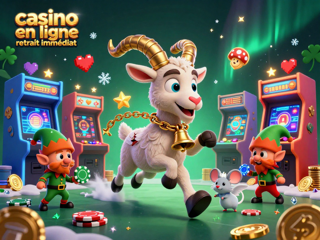 Casino en ligne retrait immédiat illustrant un Krampus en train de diriger un casino, avec des gremlins actifs.