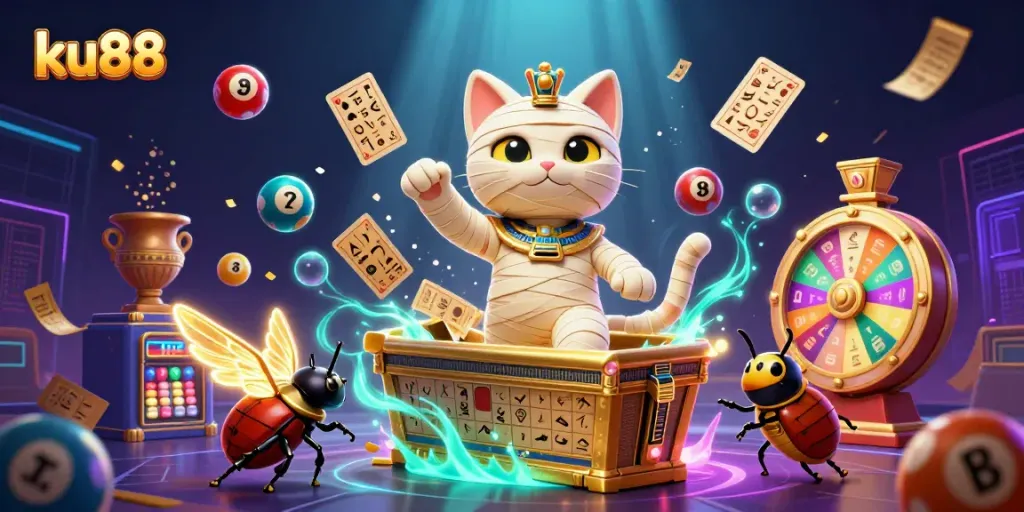Engage with ku88's exciting casino experience with a mummy cat and golden elements in a dynamic 3D scene.