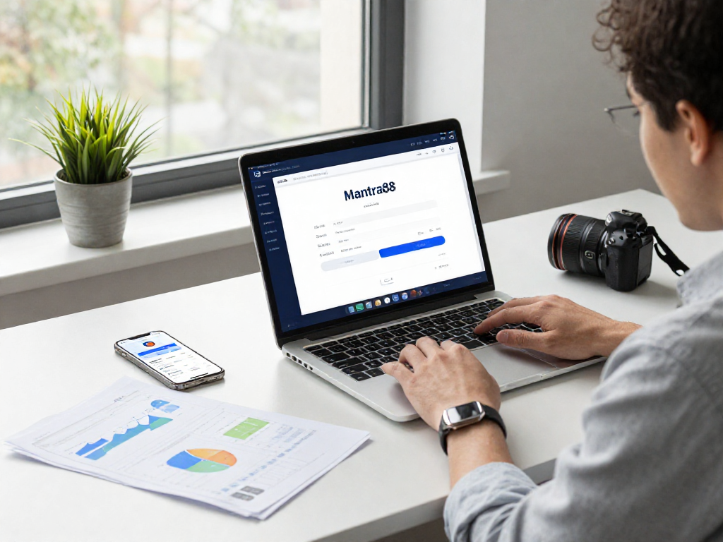 A business user engaging with mantra88 login on a sleek laptop in a modern office.