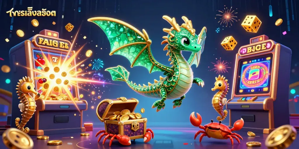 ทดลองเล่นสล็อต เป็นภาพการ์ตูน 3D ของมังกรทะเลรักษ์และวงล้อสล็อตที่เต็มไปด้วยเหรียญทอง