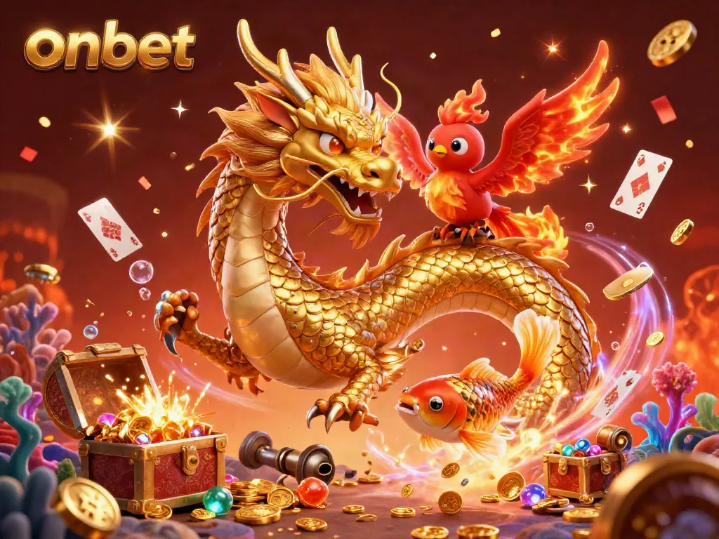 Immerse in the world of onbet with this vibrant 3D illustration featuring a dragon, phoenix, and koi fish amongst coins and treasures.