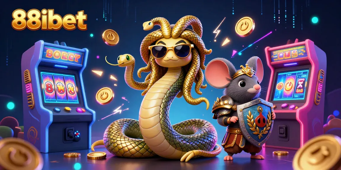 Engage in exciting games at 88ibet featuring Medusa and a warrior mouse with glowing slot reels and coins.
