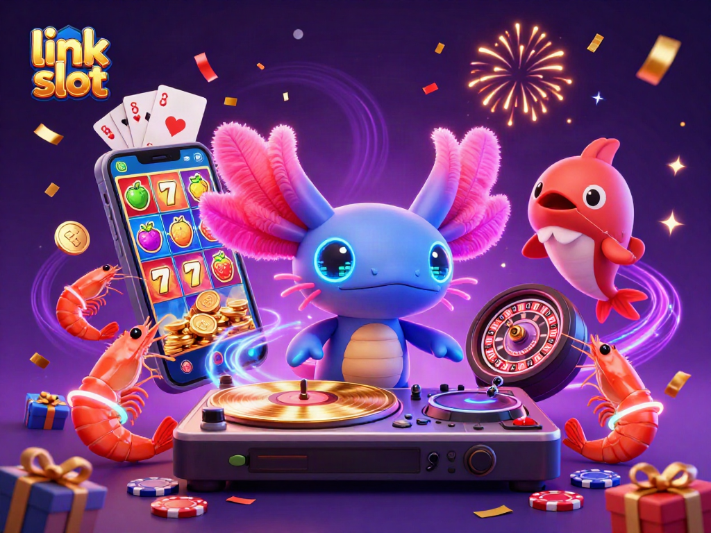 Engage with the vibrant link slot scene featuring a neon axolotl DJ amidst golden coins and slot game reels.