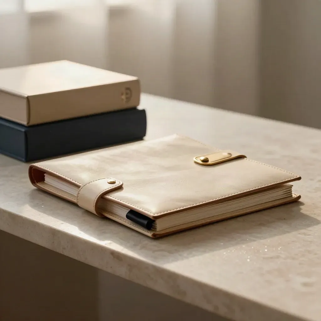 Cream leather folio, brass clasp, ribbon and archive boxes on a limestone surface.