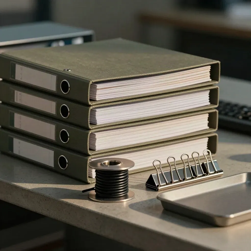 Binders, cable spool, clip rail and tray on a concrete shelf in soft dramatic light.