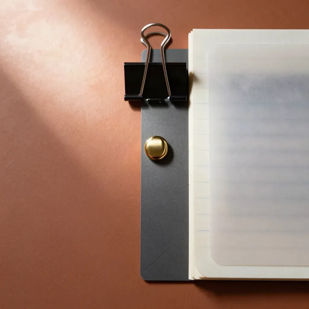 Binder clip, brass seal, legal pad and archive sleeve on a terracotta stone surface.