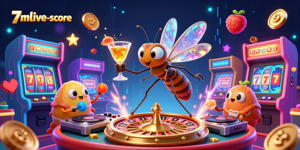 Experience vibrant gaming excitement with 7mlive-score, showcasing an energetic scene of casino characters and elements.