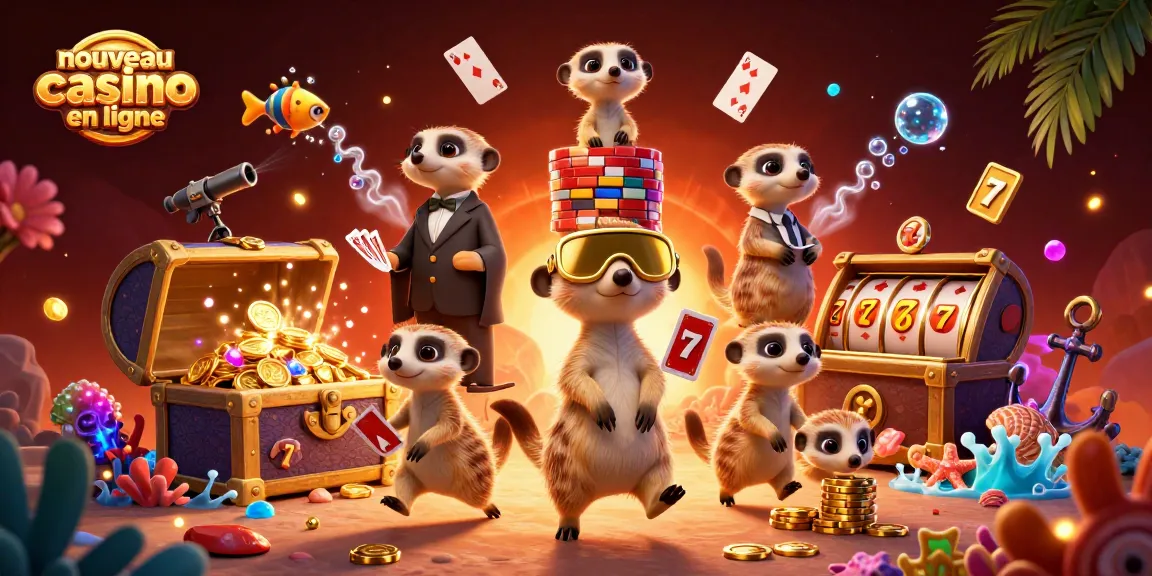 Illustration d'un nouveau casino en ligne animé par des suricates, jeux de cartes et trésors marins.