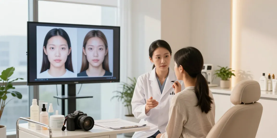 Client consultation in a modern clinic analyzing ClinicEvo vs QOVES facial assessments with aesthetician.