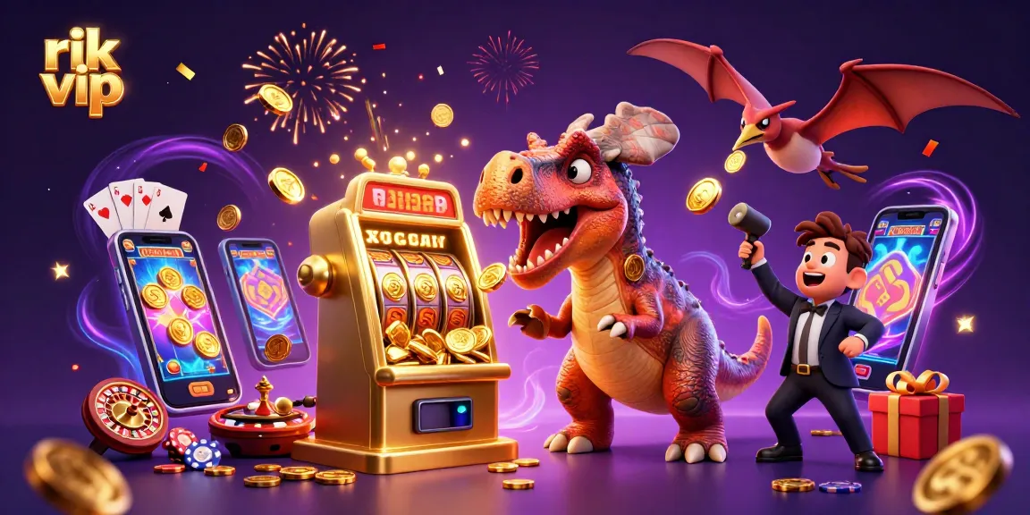 Experience the excitement at rik vip casino as animated characters celebrate a jackpot win with colorful slot machines and flying coins.