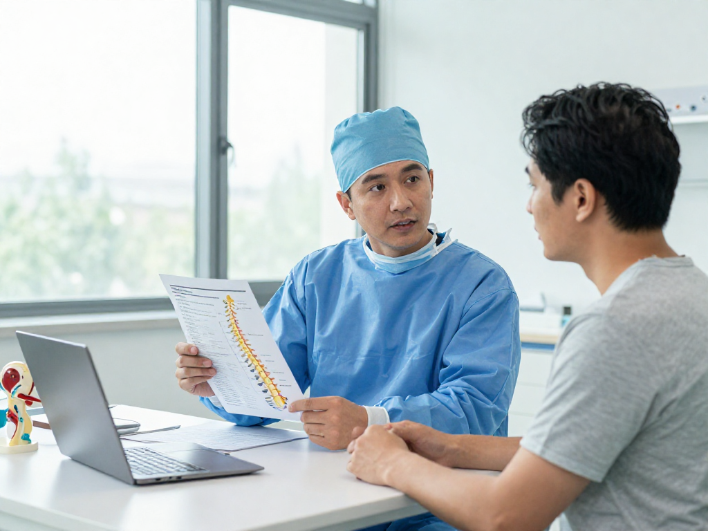 Boyun fıtığı ameliyatı discussion between surgeon and patient in modern clinic.