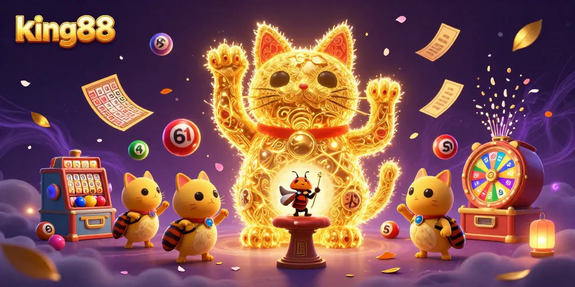 Experience big wins with king88, as animated golden fireflies surround captivating casino symbols and prizes.