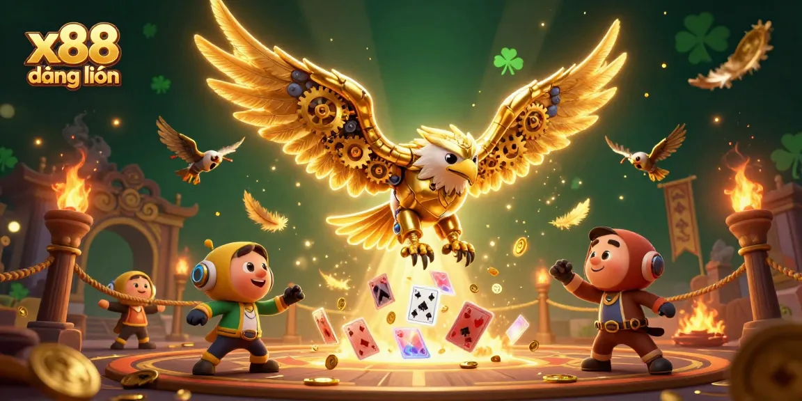 x88 đăng nhập shows a cybernetic eagle and drone falcons immersed in a vibrant casino scene