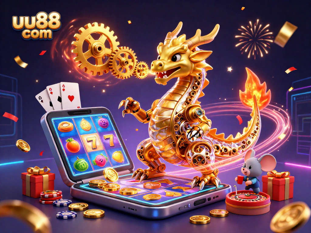 Engage with exciting slot games at uu88 com while witnessing a golden dragon and mouse engineer in action.