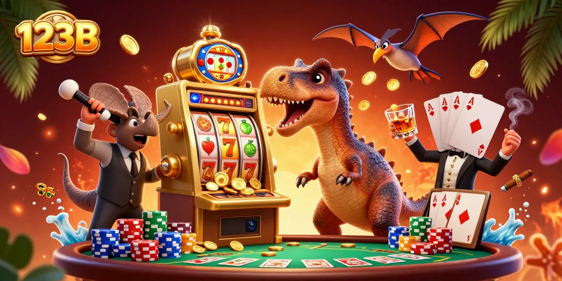 Experience the excitement of 123B as a dinosaur headbutts a slot machine, winning coins amidst a busy casino.