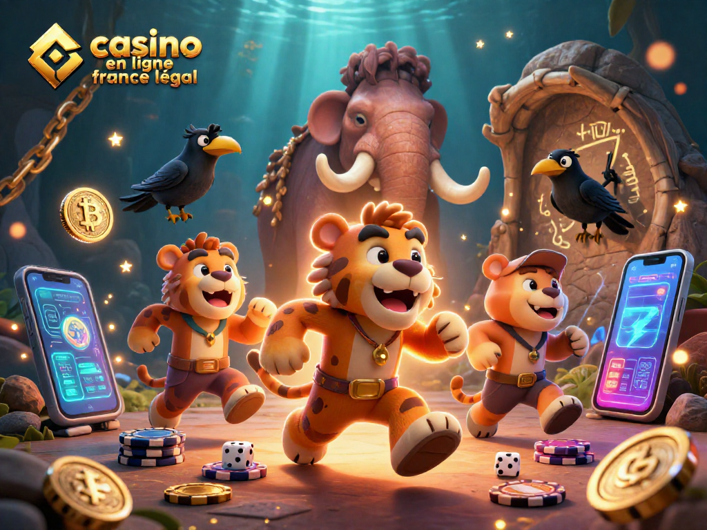 Casino en ligne France légal : illustration dynamique d'un duo préhistorique gérant un casino