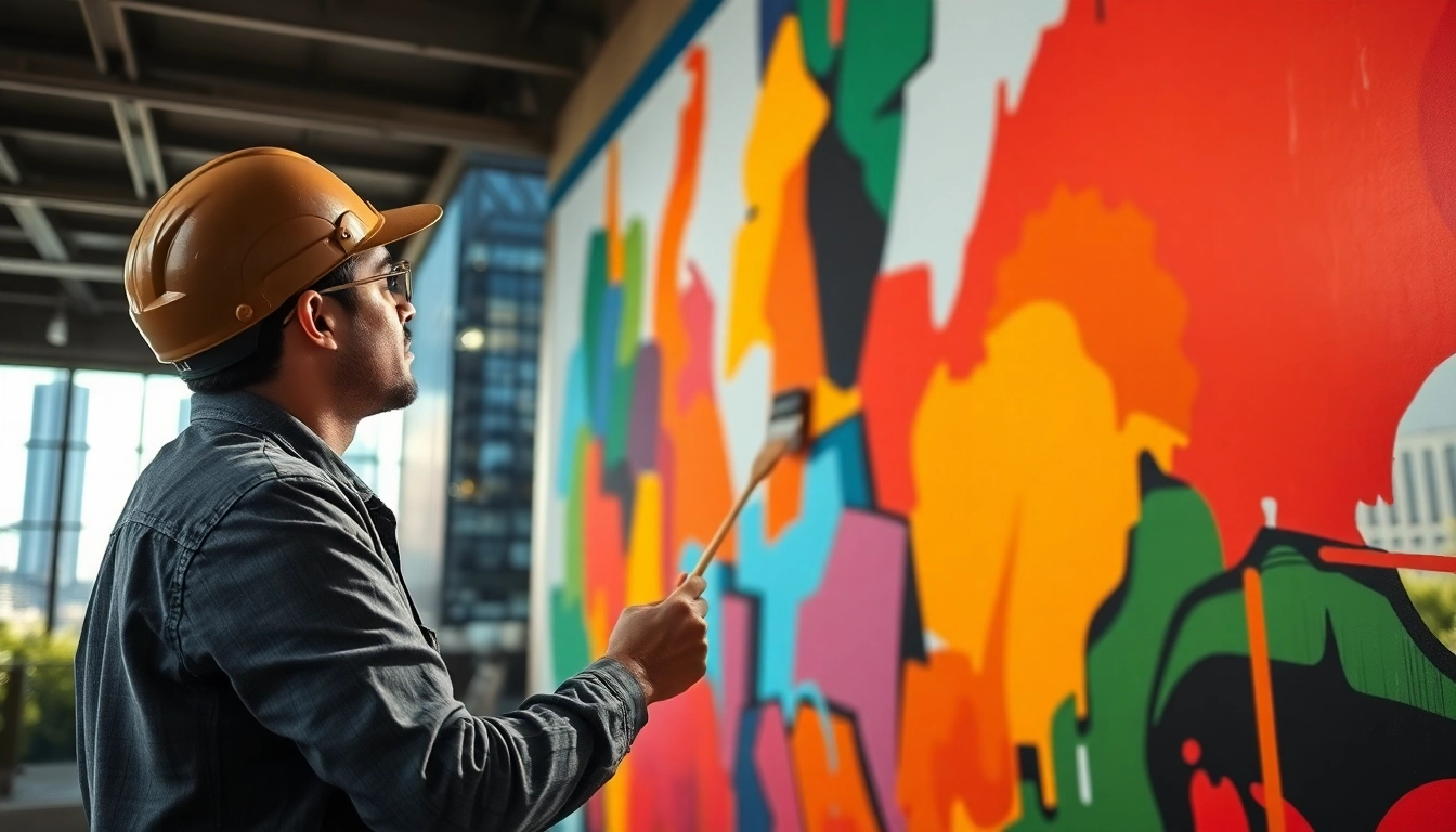 Revitalizing commercial painting project showcasing a vibrant mural amidst an urban landscape.
