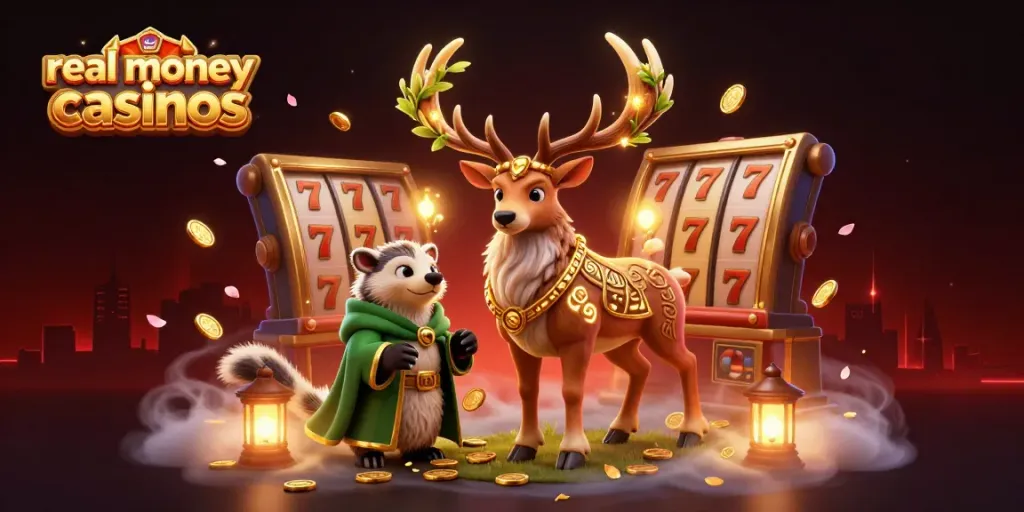 Experience thrilling real money casinos with a vibrant scene of a Celtic druid stag and symbols of luck.