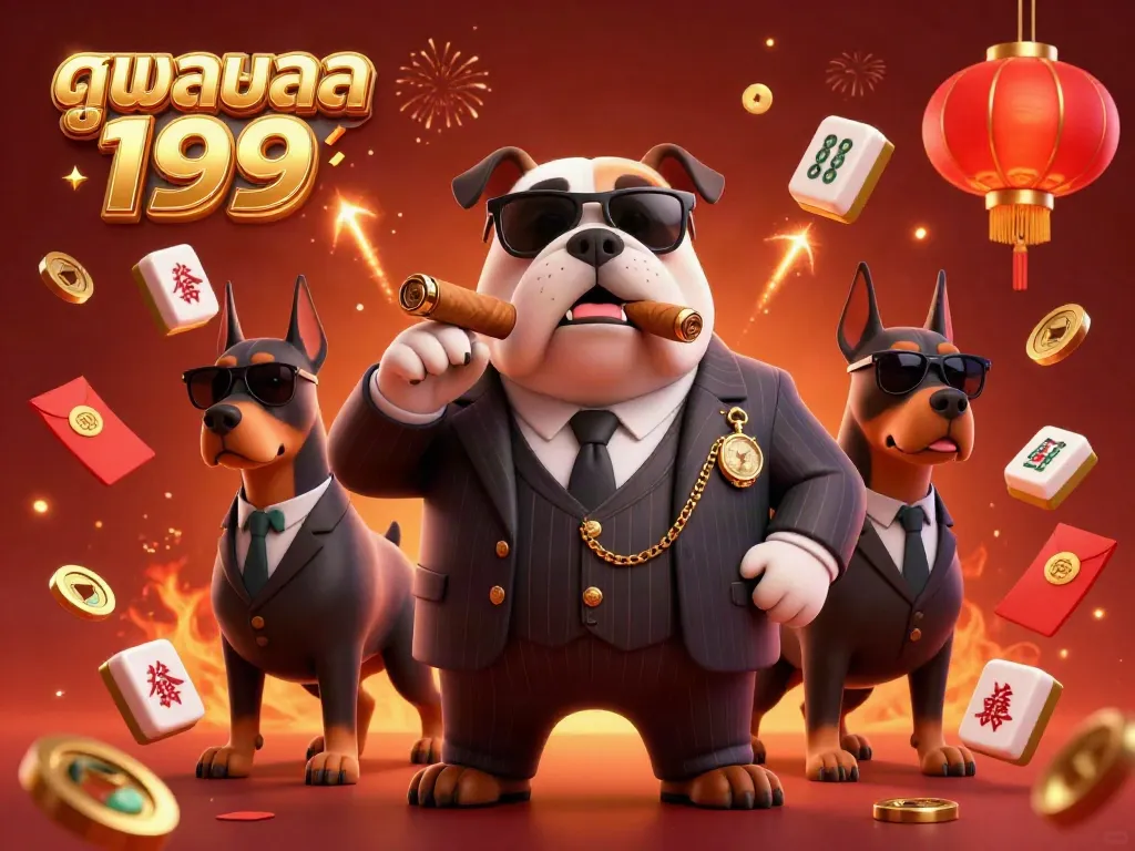 Experience the thrill of บอลสด 199 with a lavish 3D illustration featuring a mafia bulldog amidst a glamorous gambling scene.