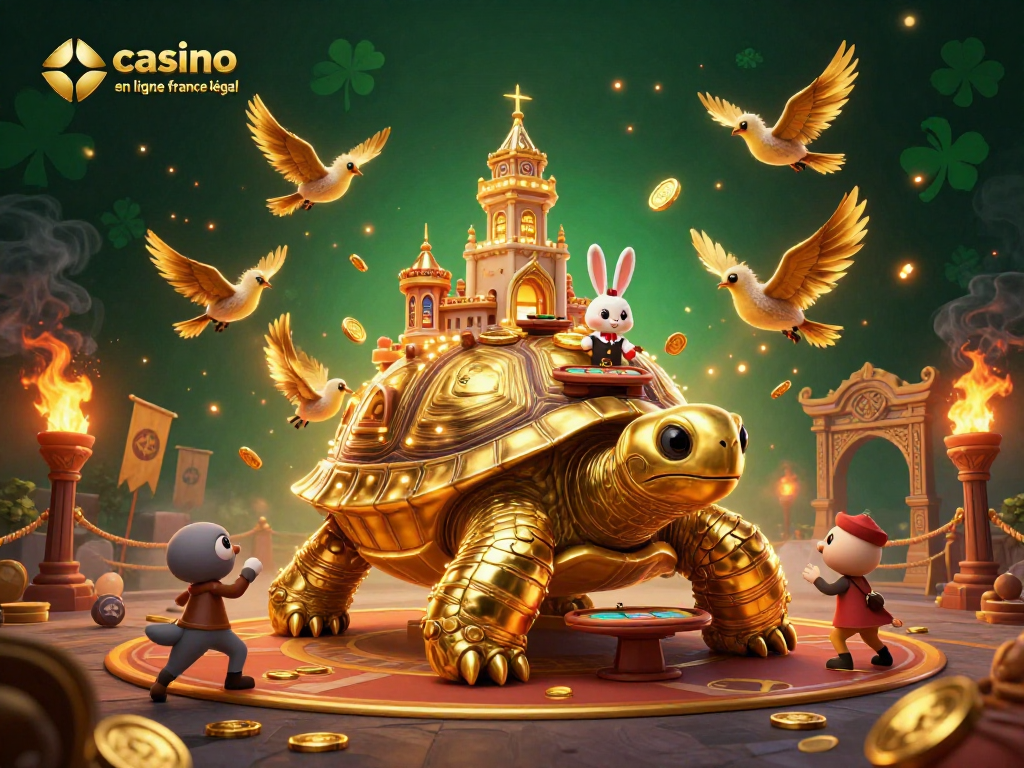 Profitez de l'univers du casino en ligne légal en France avec une tortue dorée et un croupier aux cartes