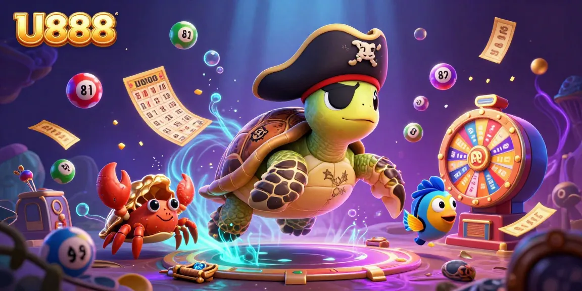 Experience thrilling gameplay with U888’s vibrant casino scene featuring lottery balls, games, and treasure.